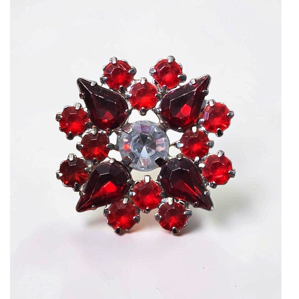 Vintage Red Crystal Rhinestones Brooch Pin 2"